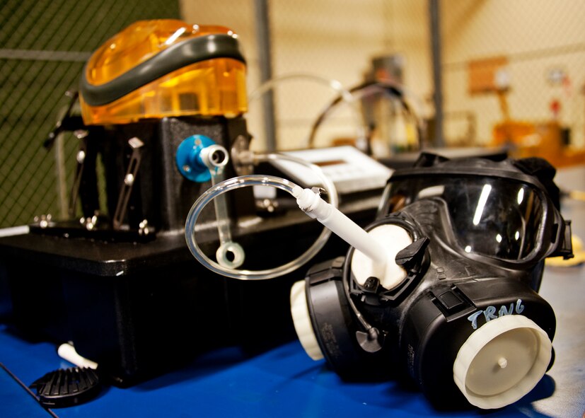 An M-50 gas mask undergoes a leak test before it can be issued to Eglin Air Force Base Airmen.  The 96th Logistics Readiness Squadron equipment readiness flight began issuing the new mask in September.  It now has over 900 of the new mask replacing the MQ-2.  (U.S. Air Force photo/ Samuel King Jr.)    