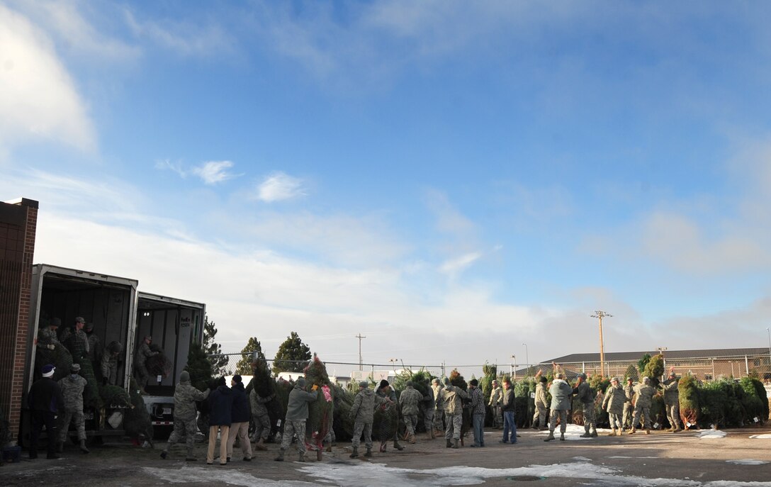 ELLSWORTH AIR FORCE BASE, S.D. -- Ellsworth Airmen and civilians work together to unload 300 Christmas trees for the "Trees for Airmen" program, Dec. 3.  The program provides military families, particularly those of deployed Airmen, free Christmas trees. (U.S. Air Force photo/Senior Airman Anthony Sanchelli)
