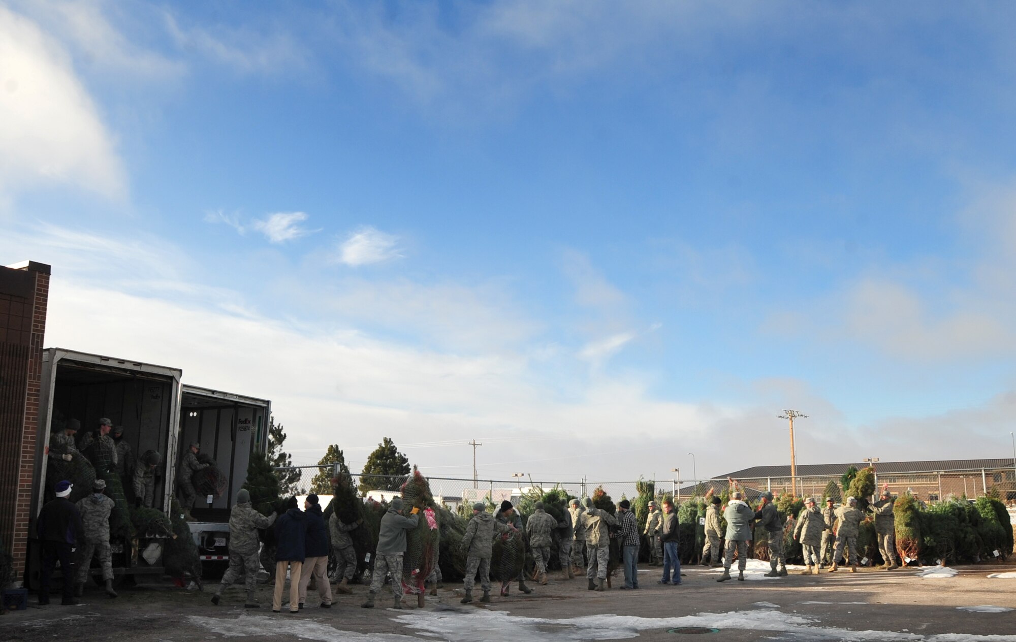 ELLSWORTH AIR FORCE BASE, S.D. -- Ellsworth Airmen and civilians work together to unload 300 Christmas trees for the "Trees for Airmen" program, Dec. 3.  The program provides military families, particularly those of deployed Airmen, free Christmas trees. (U.S. Air Force photo/Senior Airman Anthony Sanchelli)
