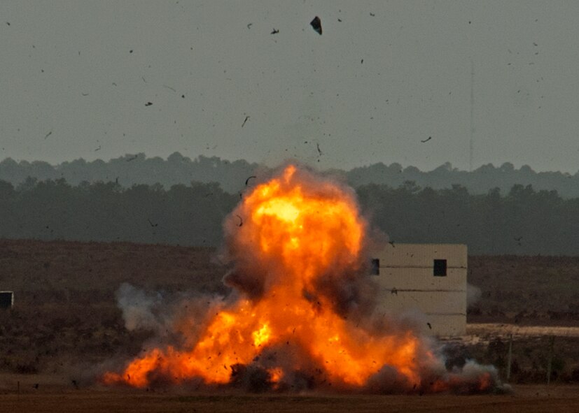 A Cadillac  sedan goes up in flames Nov. 30 on the Eglin Air Force Base range.  The controlled detonation was to set a scene for the FBI’s large vehicle bomb post-blast school this week.  State and county law enforcement, along with Marine and Air Force explosive ordnance disposal technicians, learned the proper procedures to investigate and maintain a large scale vehicle explosion.  The week-long course was the first ever held on Eglin and the largest in the U.S. with 67 students.  (U.S. Air Force photo/Samuel King Jr.)