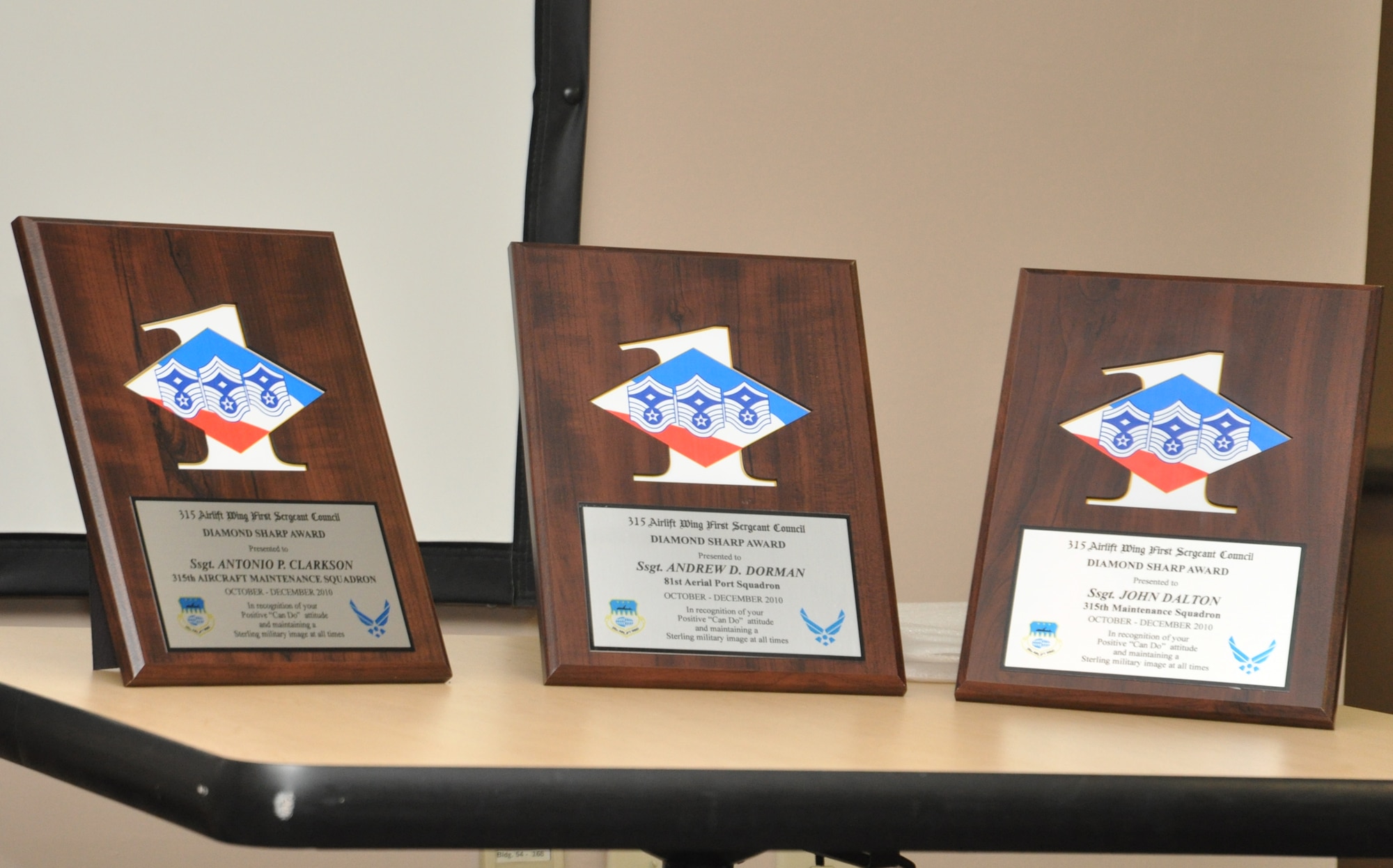 The 315th Airlift Wing's First Sergeant's Council presented three airman with the Diamond Sharp Award at Charleston AFB SC December 5. The award goes to airman who demonstrate the Air Force core values at work and through their volunteer efforts in the community. (U.S. Air Force Photo/ TSgt Scott Mathews)