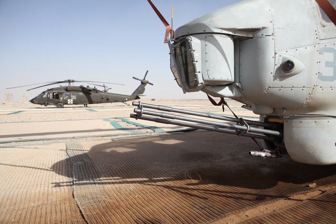 An AH-1W Super Cobra with Marine Light Attack Helicopter Squadron 169, 3rd Marine Aircraft Wing (Forward) rests staged next to a UH-60A Black Hawk at Forward Operating Base Dwyer, Afghanistan.  The Cobra is one of several stationed at FOB Dwyer as part of a HMLA-169 detachment, which provides quick-response close air support for coalition and Afghan forces within the area.  Marines of the squadron frequently lend maintenance support as well as armed escorts for the Black Hawk crew and pilots of the Charlie Company 214th Aviation Regiment “Dustoff.”