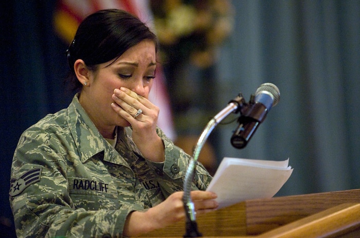 NELLIS AIR FORCE BASE, Nev.-- Senior Airman Monika Radcliff, an armament support technician with the 57th Aircraft Maintenance Squadron, gives her personal remembrance during the memorial service for Staff Sgt. Nathan Paet at the base Chapel Dec. 7. Sergeant Paet, 28, an F-15 supply section technician assigned to the 757th Aircraft Maintenance Squadron died from wounds suffered during a shooting at his off-base residence Dec. 1. (U.S. Air Force photo by Senior Airman Brett Clashman/Released)
