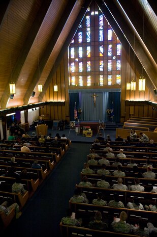 NELLIS AIR FORCE BASE, Nev.-- The memorial service for Staff Sgt. Nathan Paet was held at the base Chapel Dec. 7. Sergeant Paet, 28, an F-15 supply section technician assigned to the 757th Aircraft Maintenance Squadron died from wounds suffered during a shooting at his off-base residence Dec. 1. (U.S. Air Force photo by Senior Airman Brett Clashman/Released)
