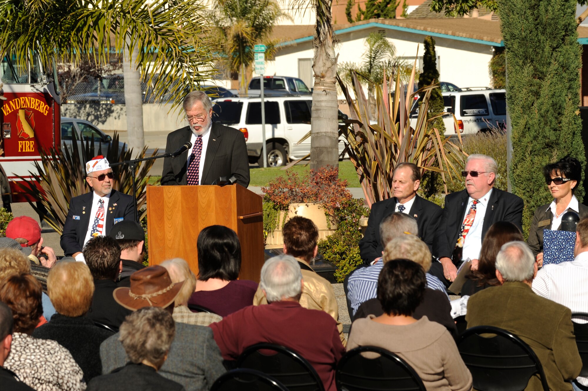 SANTA MARIA, Calif.  – Guest speaker, Robert Hatch, the president and chief executive officer of the Santa Maria Valley Chamber of Commerce and Visitor and Convention Bureau, spoke to the civilian, military and veterans gathered during a plaque dedication ceremony here in honor of fallen Senior Airman Daniel Johnson on Tuesday, Dec. 7, 2010. (U.S. Air Force photo/Airman 1st Class Lael Huss)