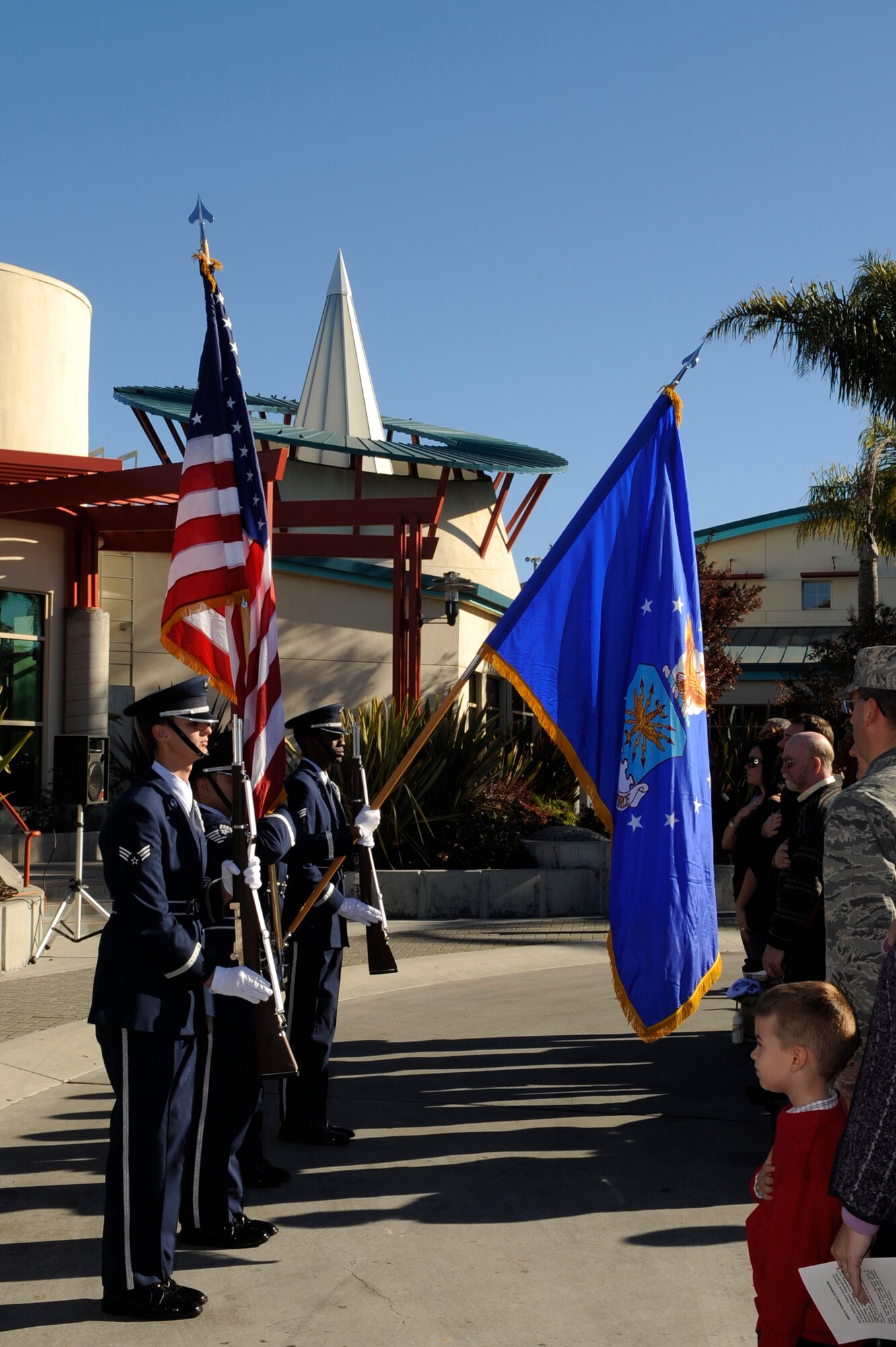 SANTA MARIA, Calif.  – The Vandenberg Honor Guard posts the colors here during a plaque dedication ceremony in honor of fallen Senior Airman Daniel Johnson on Tuesday, Dec. 7, 2010. (U.S. Air Force photo/Airman 1st Class Lael Huss)