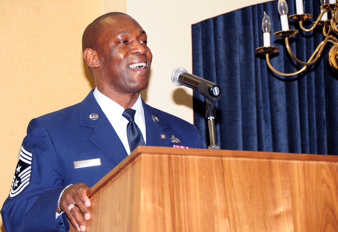 ELLSWORTH AIR FORCE BASE, S.D. -- Chief Master Sgt. Clifton Cole, 28th Bomb Wing command chief, gives his retirement speech, Dec. 3.  Airmen, coworkers, family and friends of Chief Cole gathered at the Dakota’s Club to pay tribute and recognize him for his 30 years of distinguished service. (U.S. Air Force photo/Senior Airman Anthony Sanchelli)
