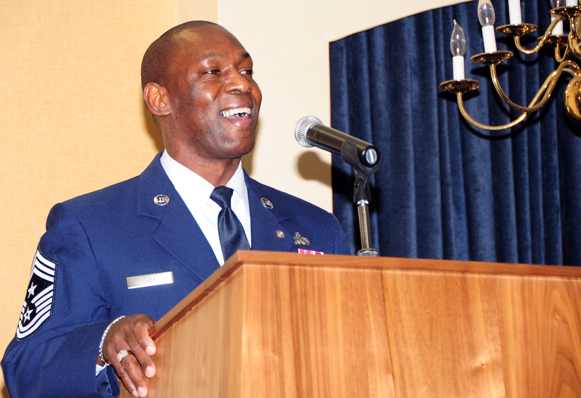 ELLSWORTH AIR FORCE BASE, S.D. -- Chief Master Sgt. Clifton Cole, 28th Bomb Wing command chief, gives his retirement speech, Dec. 3.  Airmen, coworkers, family and friends of Chief Cole gathered at the Dakota’s Club to pay tribute and recognize him for his 30 years of distinguished service. (U.S. Air Force photo/Senior Airman Anthony Sanchelli)
