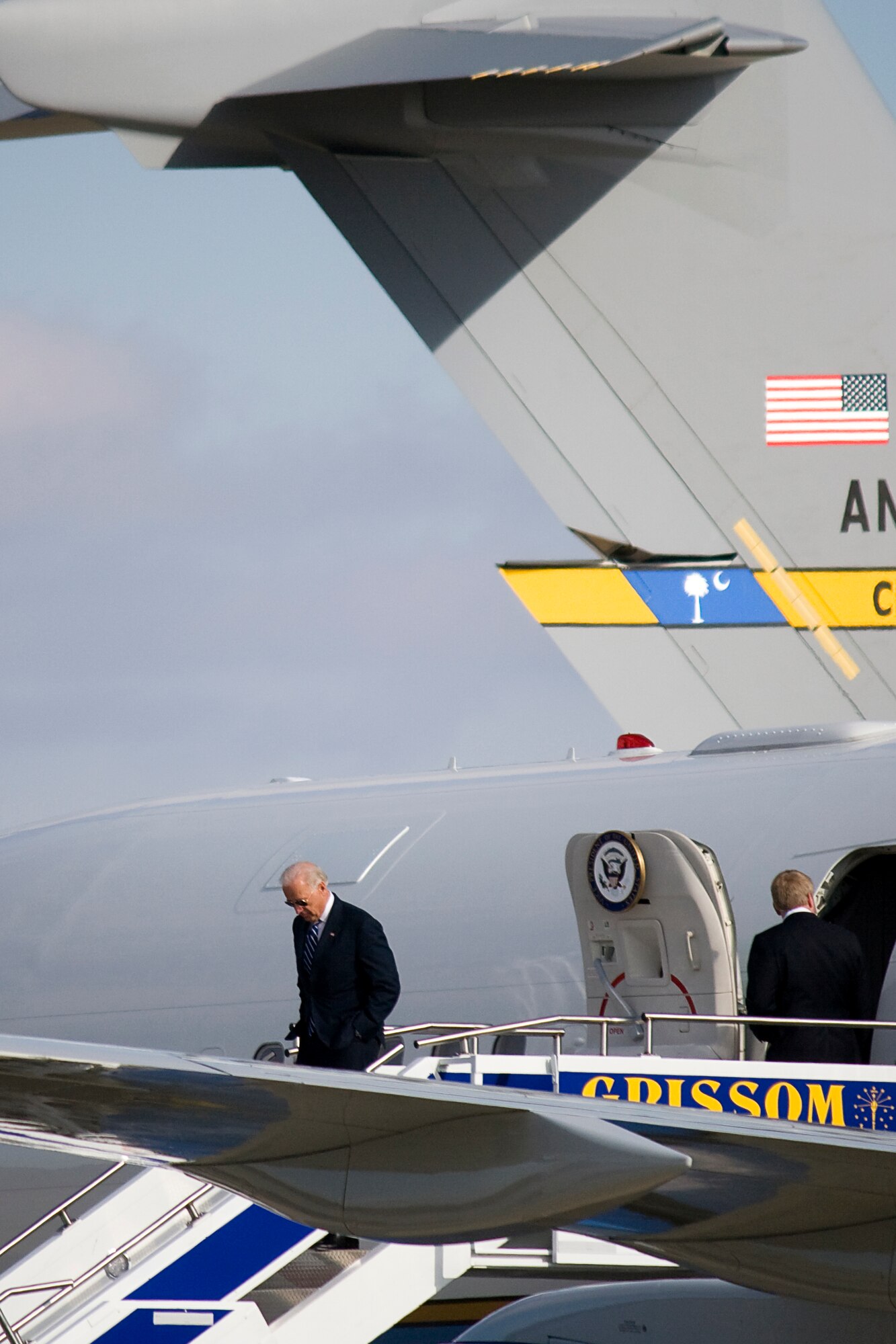 GRISSOM AIR RESERVE BASE, Ind. -- Vice President Joe Biden deplanes Air Force Two at Grissom Nov. 23. The vice president arrived at the base along with President Barack Obama before leaving for nearby Kokomo, Ind., on their White House to Main Street tour. (U.S. Air Force photo/Tech. Sgt. Mark R. W. Orders-Woempner)