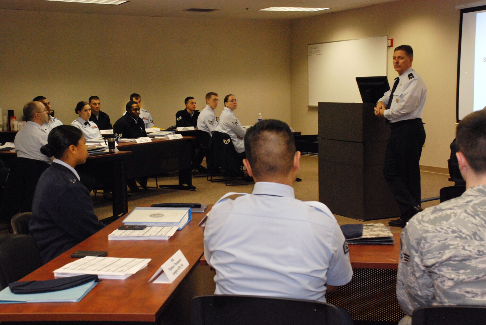Colonel Donald Noah, deputy commander of the United States Air Force School of Aerospace Medicine, welcomes students to the first class at the school’s temporary location at the Kettering Business Park in Kettering, Ohio. The School of Aerospace Medicine is relocating to Wright-Patterson Air Force Base in Ohio from Brooks-City Base in Texas.