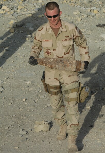 ALI AIR BASE, IRAQ -- Staff Sgt. Haven Cherry, 5th Civil Engineer Squadron noncommissioned in charge of explosive ordinance disposal supply and munitions, constantly dealt with the containment of unexploded ordinances such as this one during his deployment to Iraq. UXO's are used as improvised explosive device weaponry against coalition troops in combat environments overseas. EOD Airmen are in a highly demanding career field because of their extensive expertise in dealing with IED’s. (Photo courtesy/Staff Sgt. Haven Cherry)

