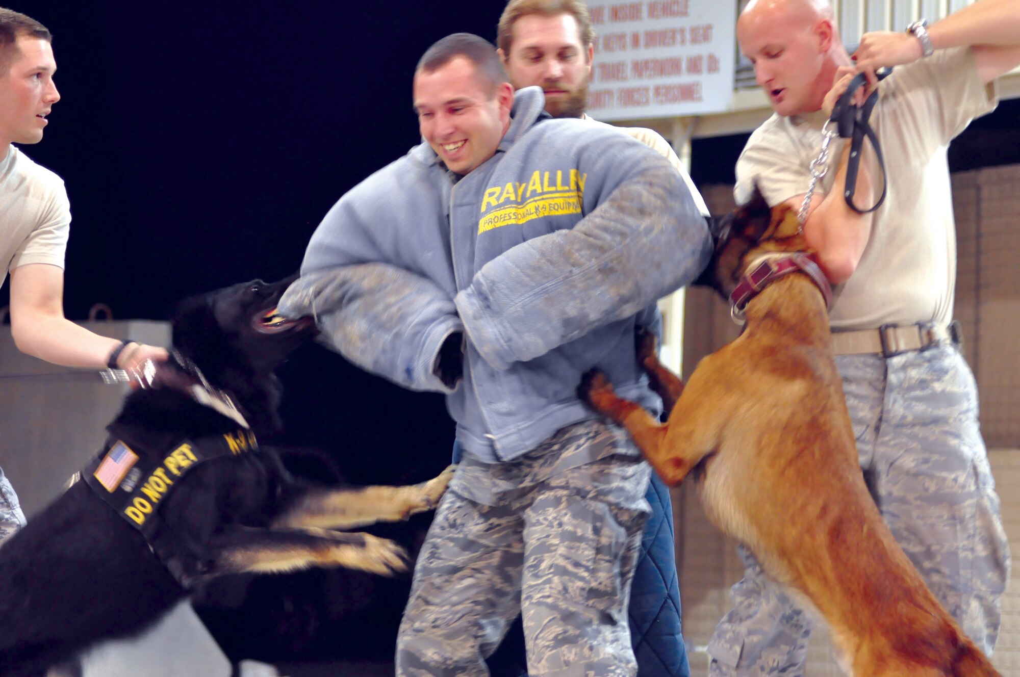 Staff Sgt. Anthony Legotti, 379th ESFS, pretends to be a hostile individual during a demonstration. The two military working dogs, Vvadar and Cezar, gain valuable experience on how to work together as a team. U.S. Air Force photo/Staff Sgt. Nika Glover  