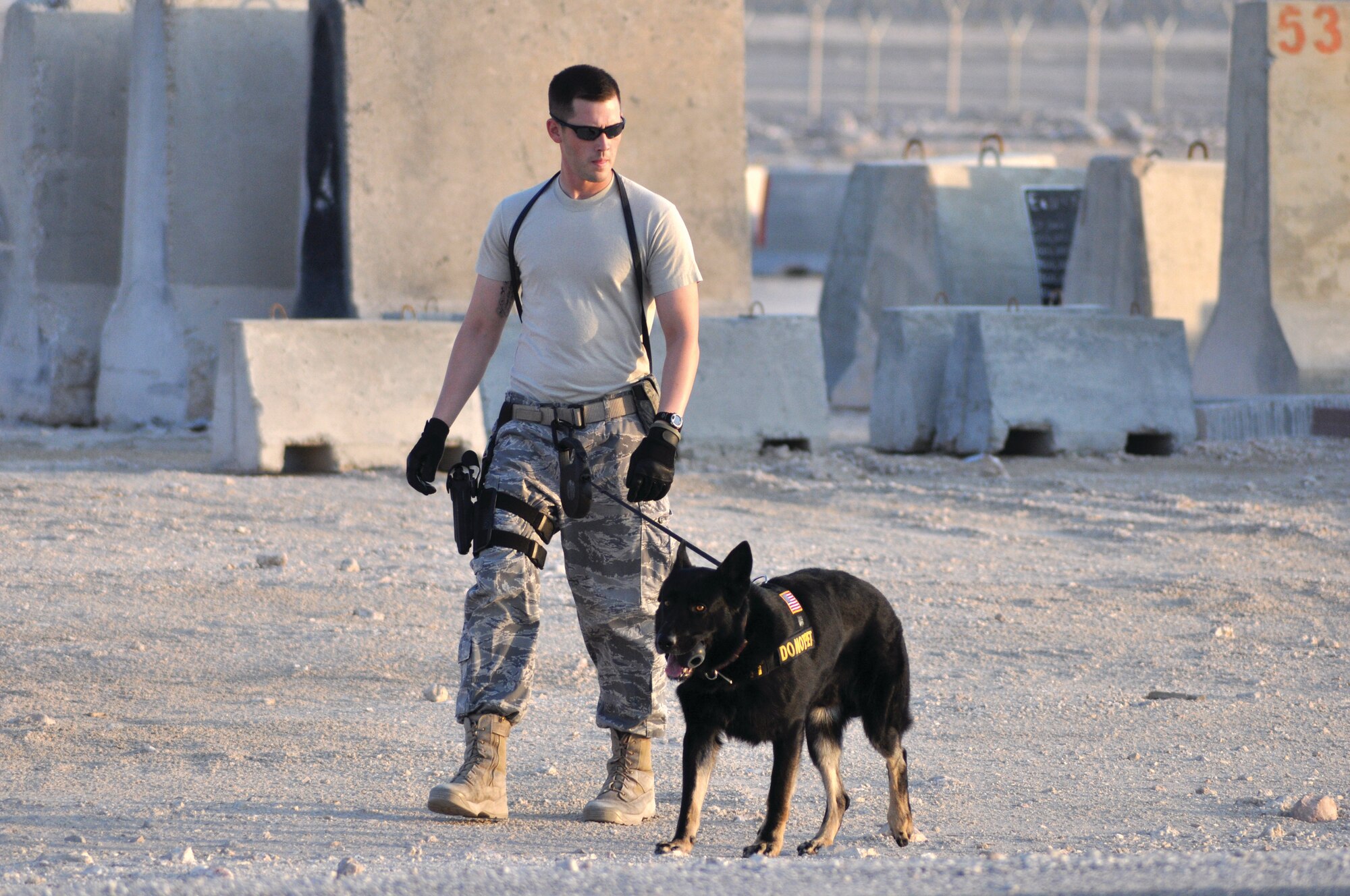 Staff Sgt. James Colip, 379th ESFS dog handler, practices with MWD Cezar during a training session here. The dogs receive 60 to 90 days of initial training at Lackland Air Force Base, Texas. After their initial training, the dog is sent to a duty location and is partnered with a handler. During normal circumstances, the dogs are allowed the opportunity to bond with their handler, which establishes trust and loyalty to the handler. 