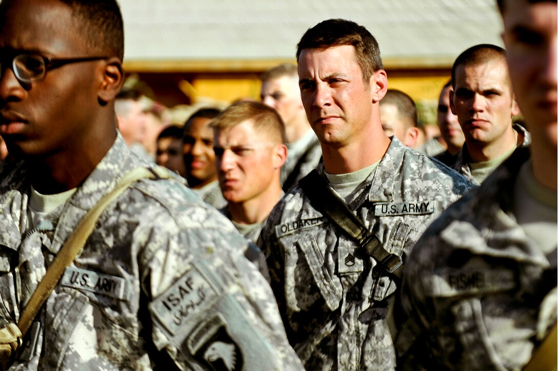 U.S. Army soldiers assigned to the 101st Airborne Division's 327th Infantry Regiment listen to remarks given by U.S. Defense Secretary Robert M. Gates during his visit to Forward Operating Base Joyce, Afghanistan, Dec. 7, 2010. 