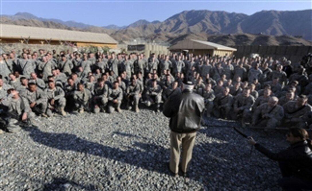 Soldiers of 1st and 2nd Battalion 327th Regiment of the 101st Airborne Division listen to Secretary of Defense Robert M. Gates while he visits Forward Operating Base Joyce, Afghanistan, on Dec. 7, 2010.  Gates is in Afghanistan receiving operational updates and thanking the troops for their service.  