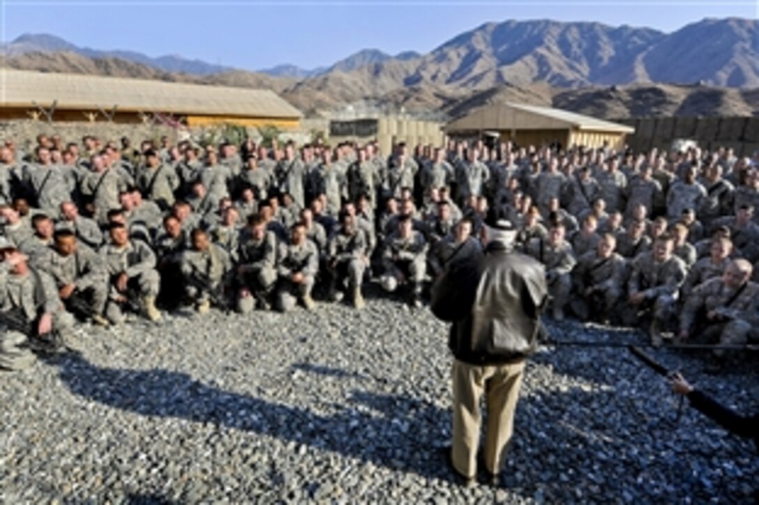 U.S. Army soldiers assigned to the 101st Airborne Division's 1st and 2nd Battalions, 327th Infantry Regiment, listen to U.S. Defense Secretary Robert M. Gates while he visits Forward Operating Base Joyce, Afghanistan, Dec. 7, 2010. Gates is in Afghanistan to receive operational updates and thank troops for their service.