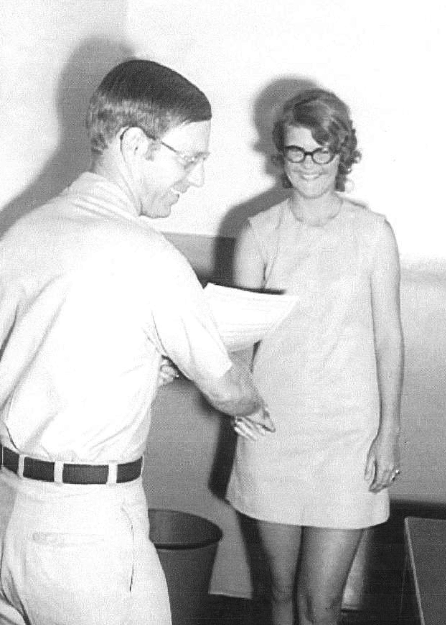 In this archival photo, Ann Avant, the first female non-prior service enlisted Airman at Duke Field, Fla., is congratulated by a base officer moments after taking the oath of enlistment back in May 1972.  Ms. Avant put a career of nearly four decades of military and federal civilian service behind her as she retired Dec. 4.    The Defuniak Springs, Fla., native launched her career when the base's 919th Special Operations Wing was in its infancy. (Courtesy photo)