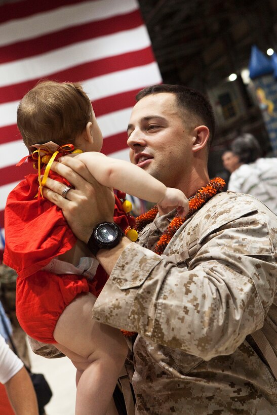 1st Lt. Michael Landes, artillery liaison officer, Headquarters and Service Company, 3rd Battalion, 3rd Marine Regiment, shares a moment with his 10-month-old daughter after returning to Marine Corps Base Hawaii from a seven-month deployment to Afghanistan, Dec. 7, 2010. After replacing 1st Battalion, 3rd Marine Regiment, in Helmand province’s Nawa district last May, 3/3 supported Regimental Combat Teams 1 and 7, as part of counterinsurgency operations during Operation Enduring Freedom. The battalion’s operations varied from securing elections and ensuring school openings, to more traditional combat operations such as security patrols and clearing danger areas, said Maj. Jay Garcia, executive officer, 3/3, of Honolulu. The return of “America’s Battalion” brought 925 Marines back to Hawaii.