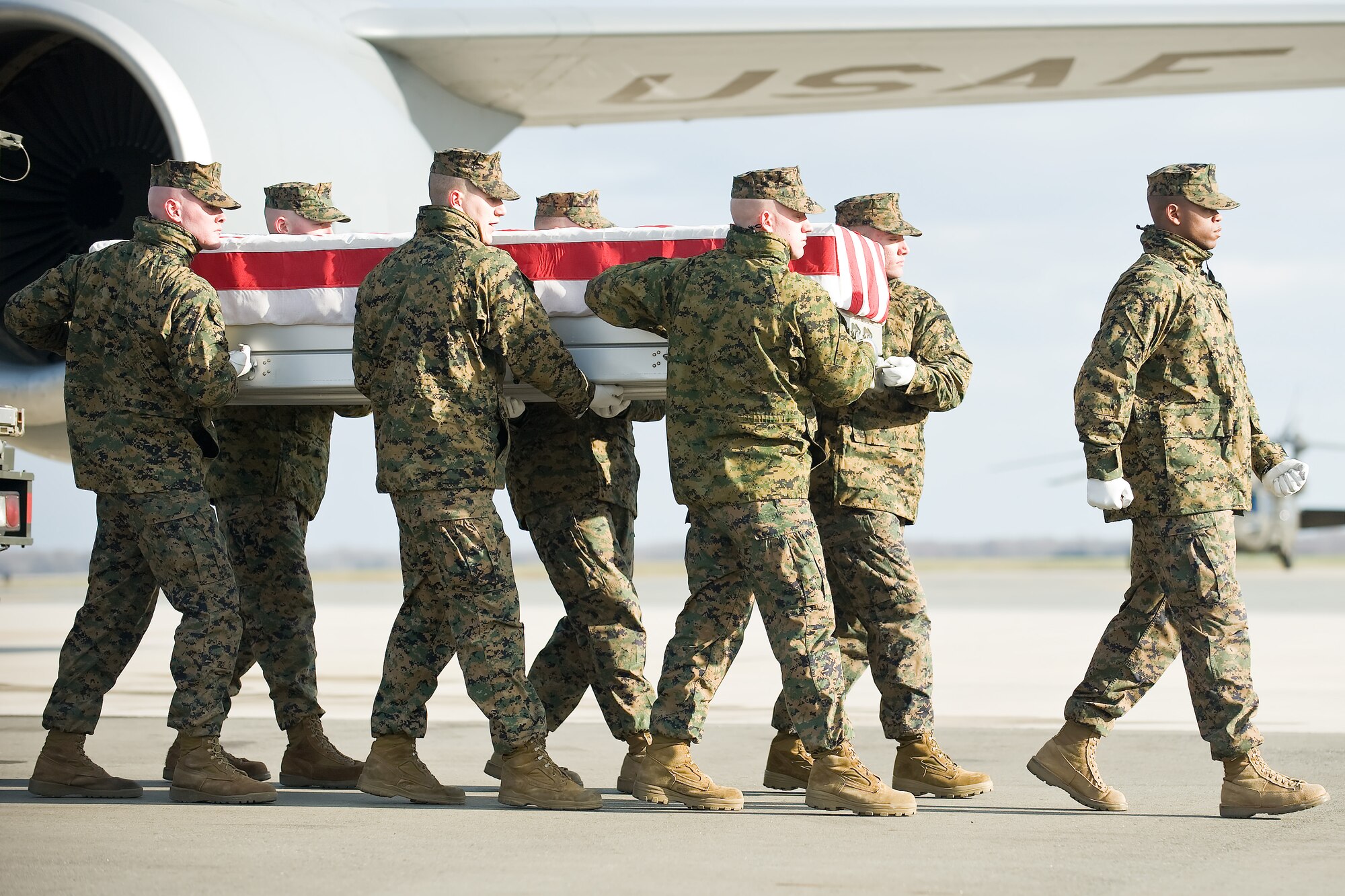 A U.S. Marine Corps carry team transfers the remains of Marine Sgt. Nicholas J. Aleman, of Brooklyn, N.Y., at Dover Air Force Base, Del., Dec. 8, 2010. Sgt. Aleman was assigned to the Deployment Processing Command-East, Camp Lejeune, N.C.  (U.S. Air Force photo/Roland Balik)