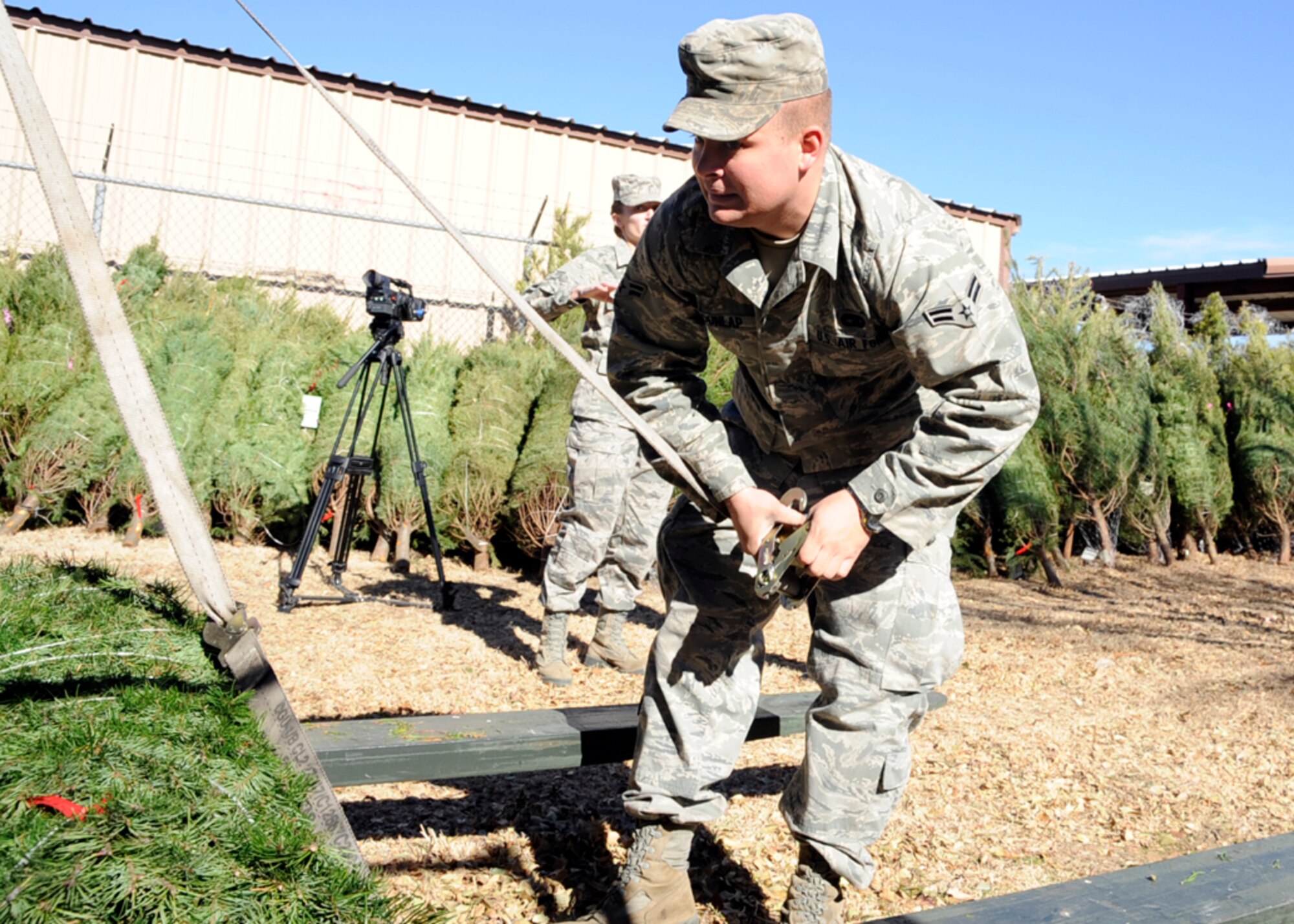 Airman 1st Class Stephen Dunlap cinches down his Christmas Tree at the Outdoor Recreation Center at Cannon Air Force Base, Dec. 8. Assigned as a vehicle operator to the 27th Special Operations Logistics Readiness Squadron, Airman Dunlap volunteer to help off load some of the more than 200 Christmas trees that arrived, courtesy of the Trees for Troops program. The trees will be available free, on a first-come, first-served basis, Dec. 9. (U.S. Air Force photo by Greg Allen)