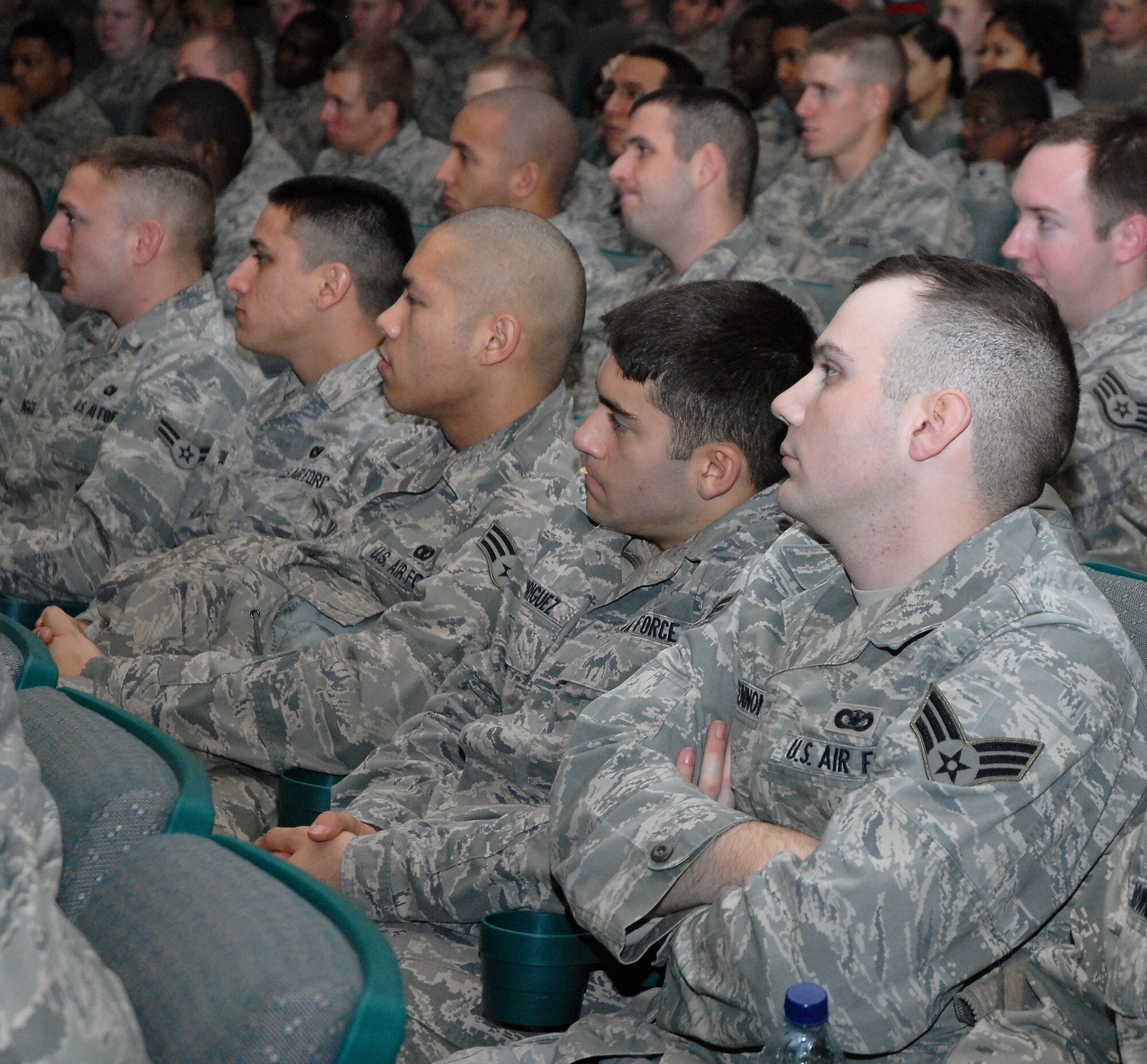 Airmen attending the briefing listen to the Street Smart presentation.  The presentation involved a slideshow that used real situations to show the consequences of making poor choices while driving.