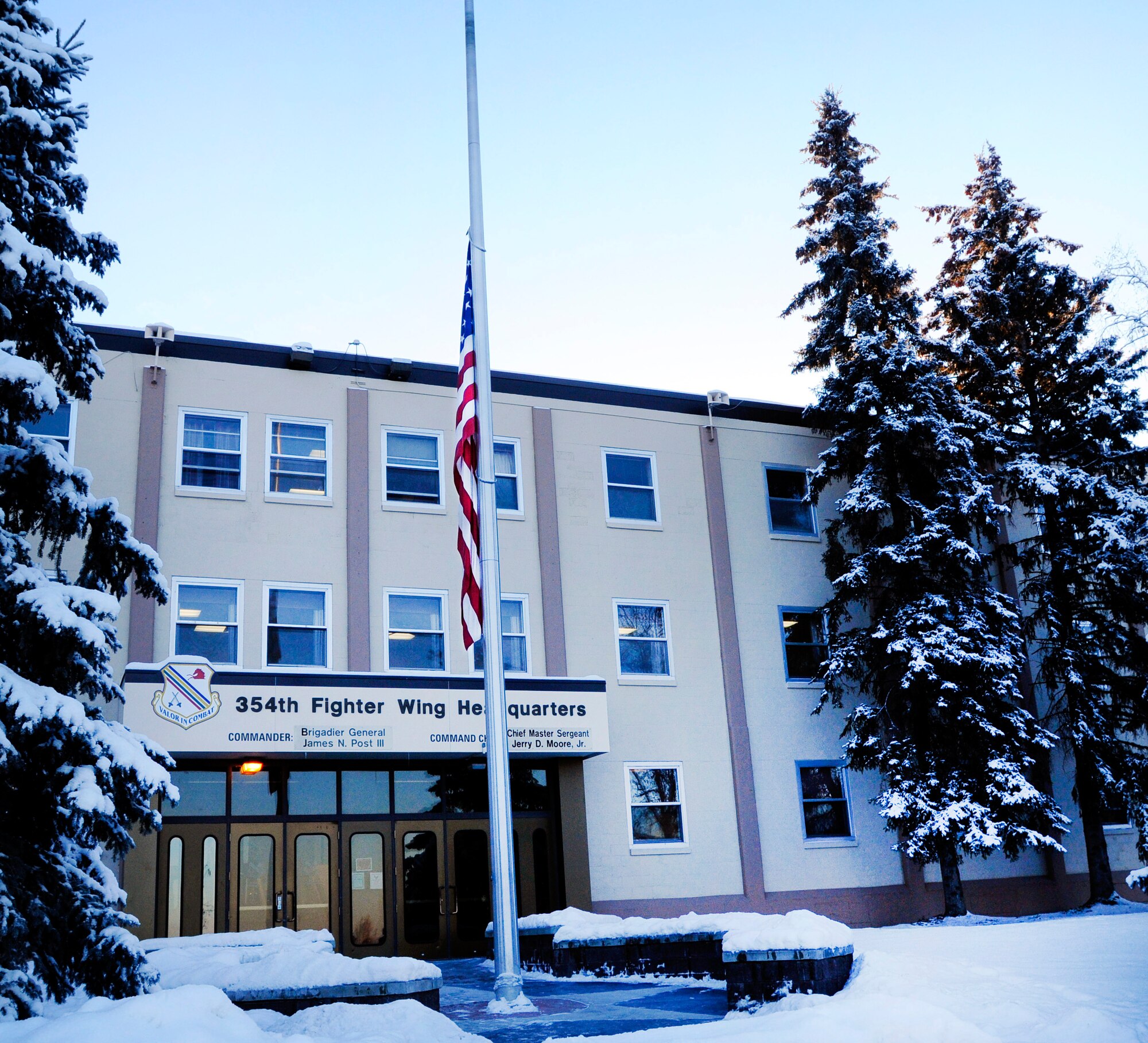 The American flag is flown at half staff over Eielson Air Force Base, Alaska December 7, 2010. All American military installations flew the flag at half mast in remembrance of the attack on Pearl Harbor and in honor of the thousands of Americans that lost their lives and were wounded in the attack. (U.S. Air Force photo/Airman 1st Class Laura Goodgame)  