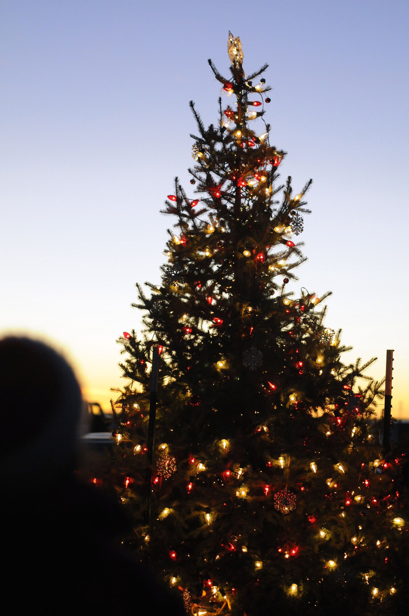 The base holiday tree is silhouetted against a clear New Mexico evening sky following the annual lighting ceremony at the Landing Zone December 3. The tree was lit following a parade by various base squadrons and organizations that began near the shoppette and traveled through base housing before arriving at the Landing Zone with Santa and Mrs. Claus. (Courtesy photo)