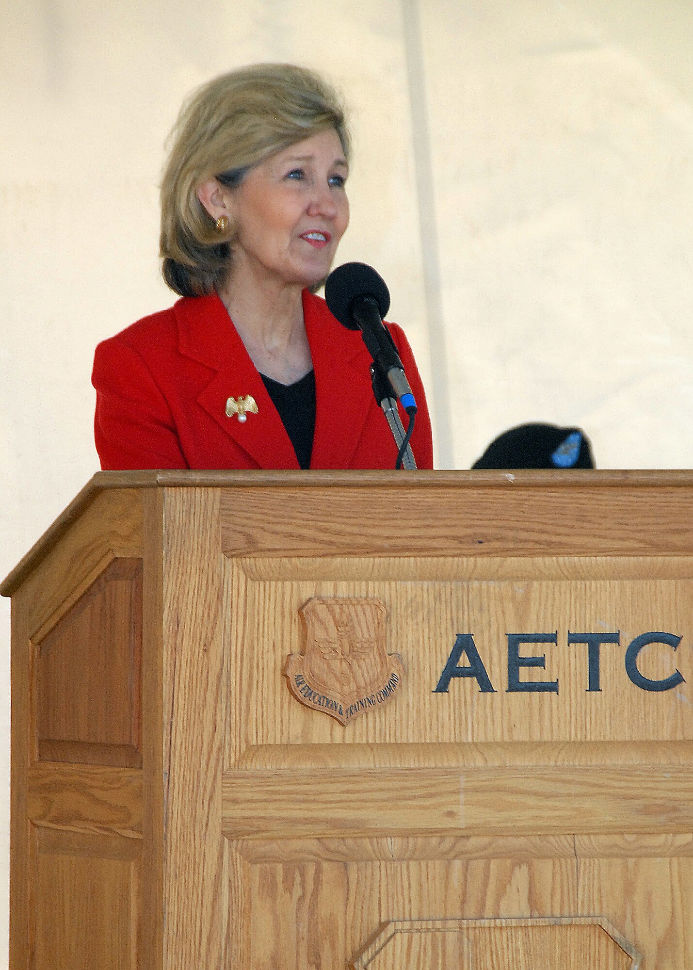 Sen. Kay Bailey Hutchison, R-Texas, speaks about the importance of improving infrastructure at the Euro-NATO Joint Jet Pilot Training Program Dec. 3 during a ground breaking ceremony at the 80th Flying Training Wing. The ceremony marked the beginning of construction on a $15.5 million operations complex. (U.S. Air Force photo/Mike Litteken)