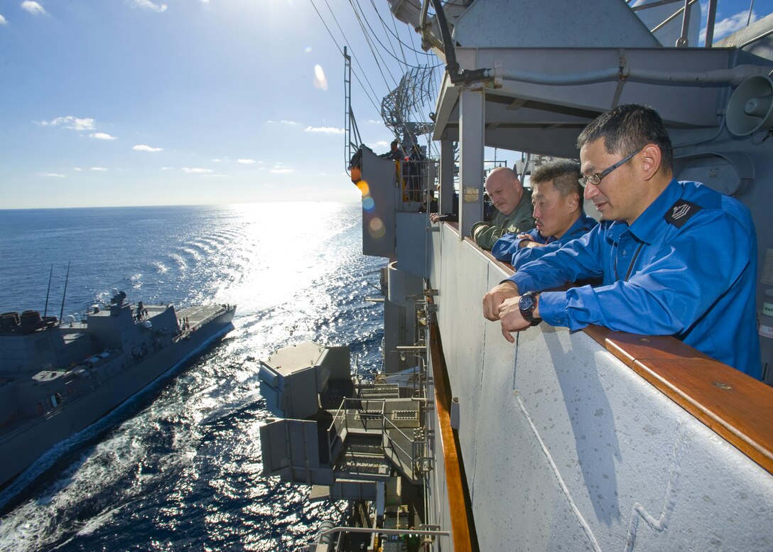 USS George Washington Command Master Chief Marty King, left, Japan Maritime Self Defense Force Master Chief Koji Himori, center, and Japan’s Escort Flotilla Command Master Chief Tanaka Naosuke observe operations aboard the aircraft carrier USS George Washington, which is underway in the East China Sea, Dec. 5, 2010. The ships were participating in Keen Sword 2011, a bilateral exercise between the U.S. and Japanese navies. 