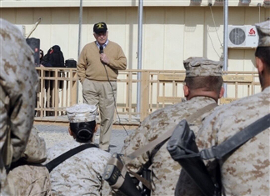 Secretary of Defense Robert M. Gates talks with Marines from the 1st Marine Logistics Group, I Marine Expeditionary Force (Forward) at Camp Leatherneck, Afghanistan, on Dec. 8, 2010.  