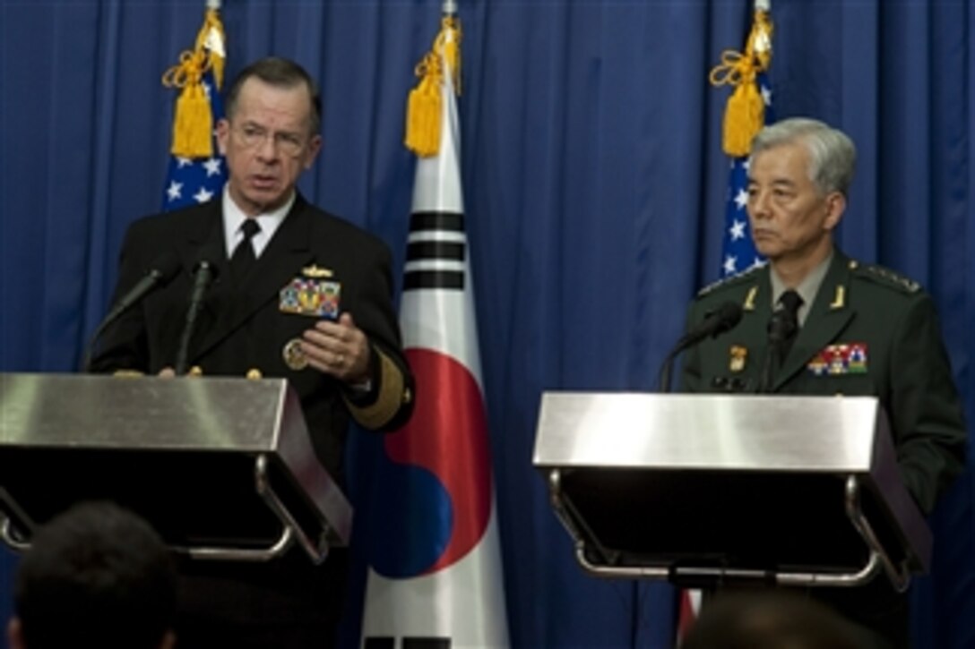 Chairman of the Joint Chiefs of Staff Adm. Mike Mullen, U.S. Navy, and Chairman of the South Korean Joint Chiefs of Staff Gen. Han Min-koo address the media during a joint press conference in Seoul, Republic of South Korea, on Dec. 8, 2010.  Mullen traveled to Korea to meet with defense officials there reassuring the strength of the U.S.-South Korean alliance in light of recent tensions with the north.  