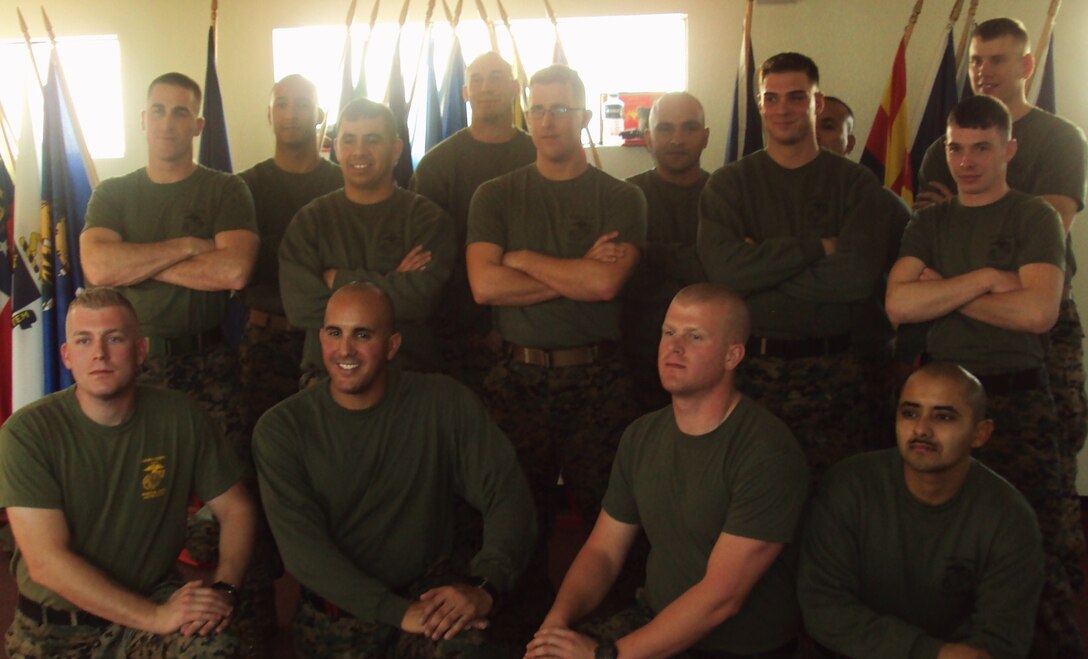 Marines pictured are Front row Sgt Discher, GySgt Figueroa, Sgt MCCune, SSgt Acosta, Middle row Cpl Thomas, Sgt Rosales, Sgt Hicks, Sgt Bauder, Cpl Basta, Back row SSgt Mendoza, Sgt Liccardi, SSgt Felan, SSgt Lopez and Sgt Burkett.