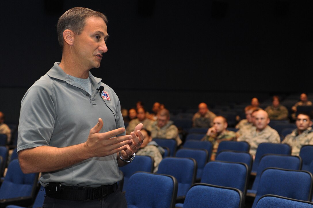 LANGLEY AIR FORCE BASE, Va. – Vince Easevoli, firefighter/paramedic, talks to Airmen at Langley Air Force Base about how to help prevent dangerous decision making while operating a motor vehicle Dec. 9. Mr. Easevoli created the Florida S.A.F.E. (Stay Alive From Education) Inc., a international non-profit organization dedicated to making teens and military personnel aware of the consequences of driving under the influence, illegal drug use, non-compliance of seat belts, and the trauma associated with these dangers.  (U.S. Air Force photo/Senior Airman Brian Ybarbo)(RELEASED)