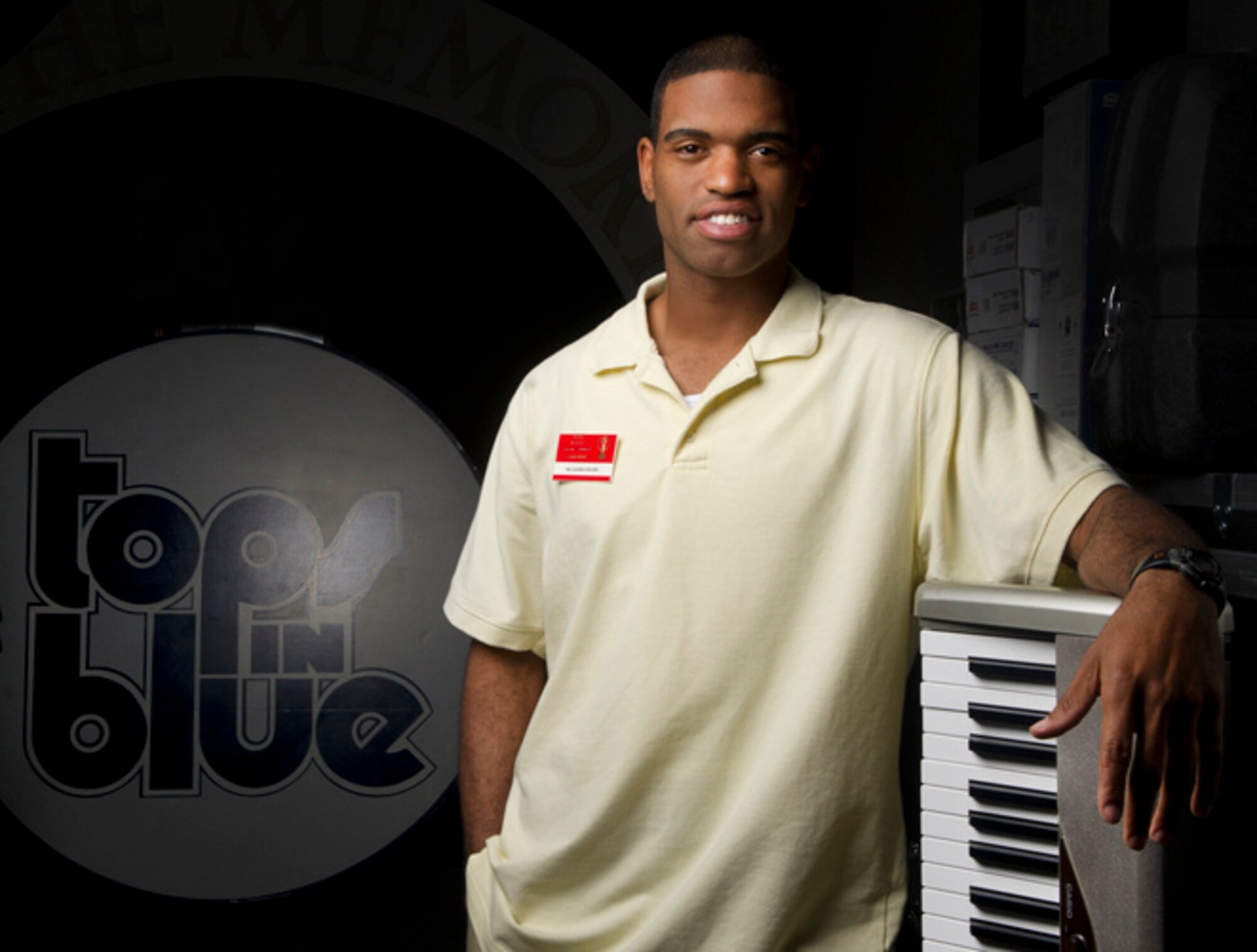 LACKLAND AIR FORCE BASE, Texas -- Senior Airman Chadwick McGuire, 17th Training Support Squadron, poses for a portrait during the Air Force Tops in Blue audition at Lackland Air Force Base in San Antonio. Senior Airman McGuire is one of many instrumentalists auditioning for the 2011 Air Force Tops in Blue worldwide tour. (U.S. Air Force photo/ Staff Sgt. Vernon Young)