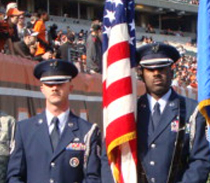 WRIGHT-PATTERSON AIR FORCE BASE, Ohio - Master Sgt. Mark Lyle, Superintendent of the Wright-Patterson Air Force Base honor guard, has been
selected as the 2010 Air Force Reserve Command Program Manager of the year
and Tech. Sgt. Shawn McKellop, 445th Logistics Readiness Squadron and member of the honor guard, has been selected as the 2010 Air Force Reserve Command Honor Guard member of the year. (U.S. Air Force photo/Capt. Rod McNany)