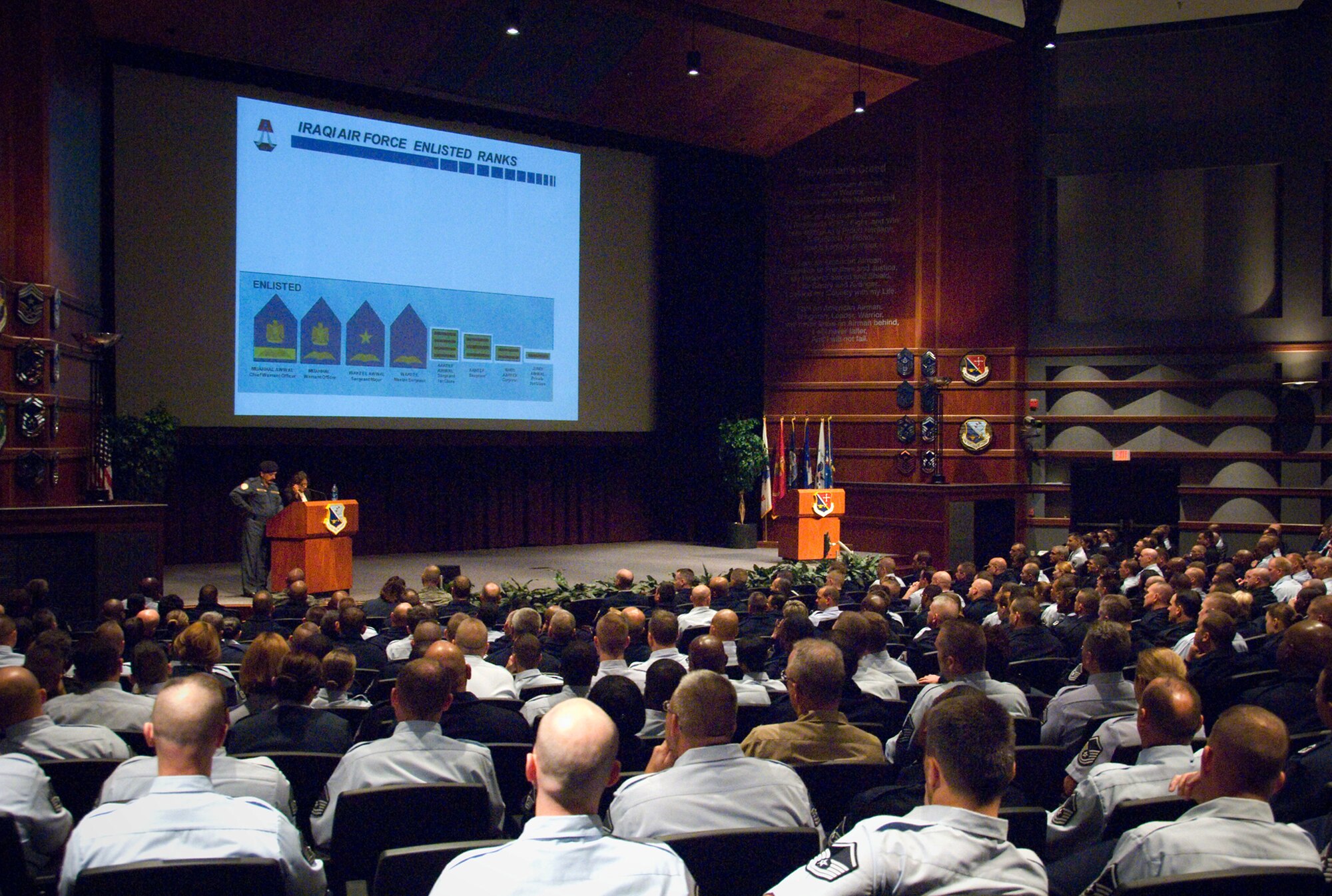 The chief master sergeant of the Iraqi air force speaks Dec. 7, 2010, at the U.S. Air Force's senior NCO academy at Maxwell Air Force Base, Ala. During the visit, his first to the U.S., the chief heard from senior NCO academy officials and officials from other elements of Air University, regarding how U.S. Air Force officials educate their Airmen across the spectrum of ranks. The chief was scheduled to make stops at other Air Education and Training Command bases during his time in the U.S. (U.S. Air Force photo/Melanie Rodgers Cox)