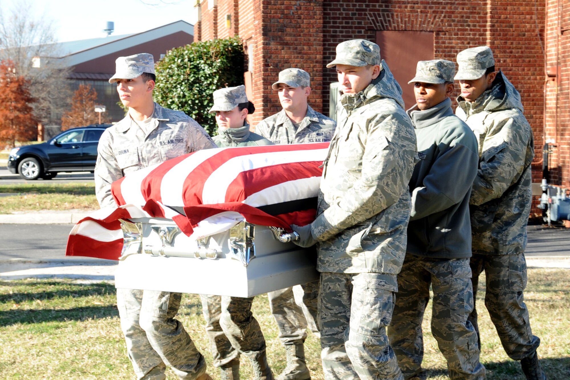 LANGLEY AIR FORCE BASE, Va. – Langley Honor Guard Airmen practice carrying the casket in windy and cold weather Dec. 7. The honor guard practices daily, carrying the mission of representing Airmen to the American public and the world. (U.S. Air Force photo/Airman 1st Class Racheal Watson)(RELEASED)