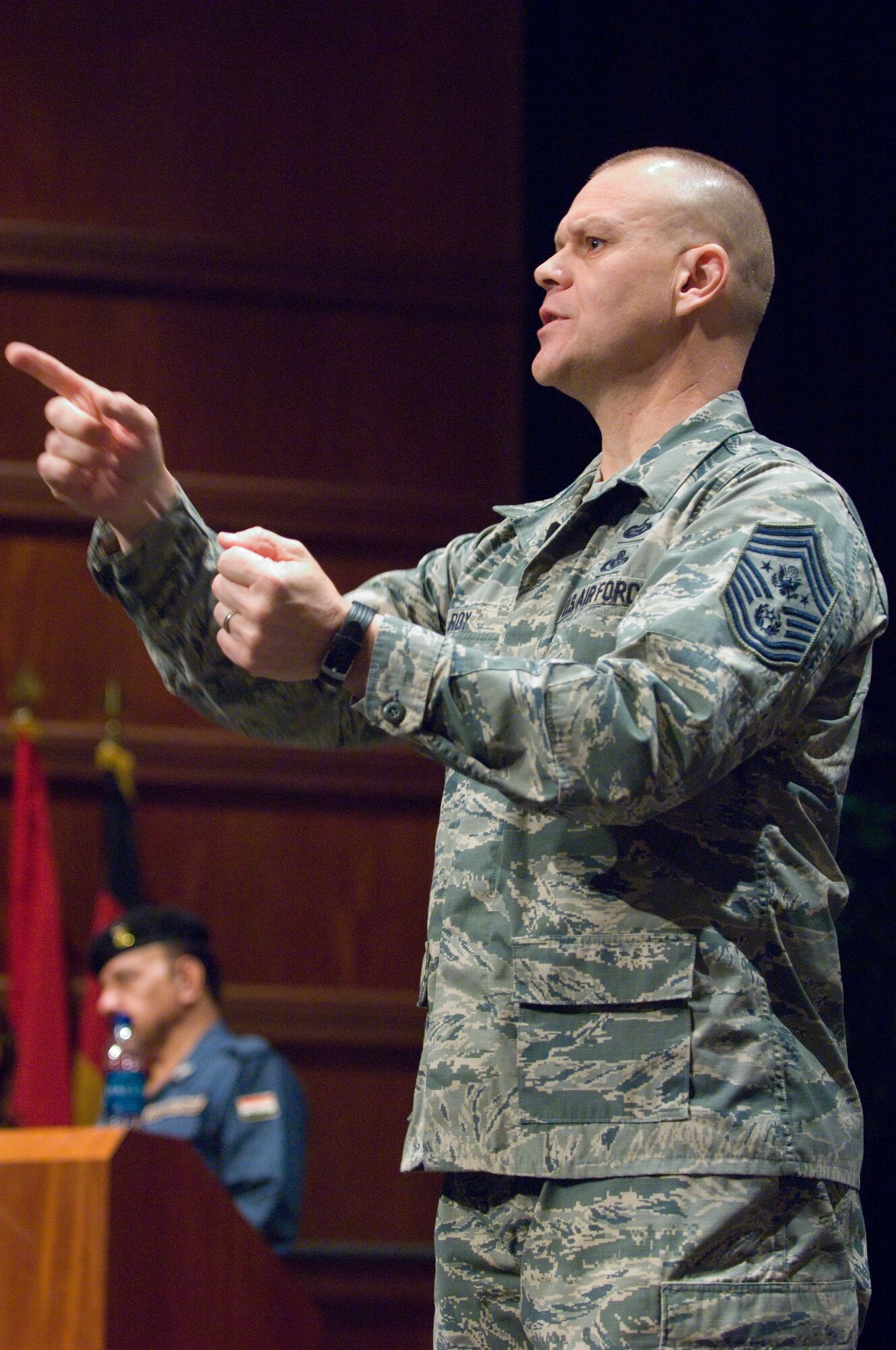 Chief Master Sgt. of the Air Force James Roy speaks alongside his counterpart, the Iraqi chief master sergeant of the Air Force, during a session Dec. 7 at the U.S. Air Force’s Senior Noncommissioned Officer Academy at Maxwell Air Force Base, Ala. The Iraqi chief was in the States for the first time, visiting Air University and other Air Education and Training Command bases to observe and glean ideas concerning how the U.S. Air Force educates and trains its Airmen for the duration of their careers. (U.S. Air Force photo/Melanie Rodgers Cox)