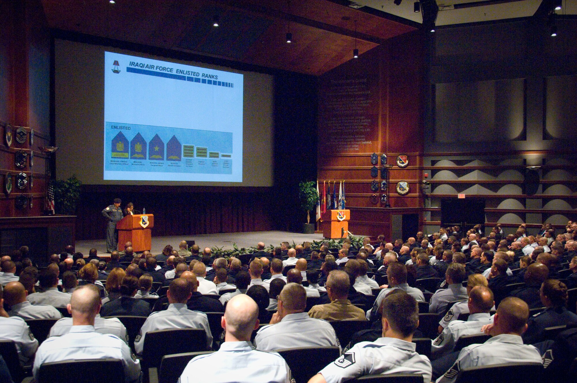 The Iraqi chief master sergeant of the Air Force speaks Dec. 7 at the U.S. Air Force’s Senior Noncommissioned Officer Academy at Maxwell Air Force Base, Ala. During the visit, his first to the States, the chief heard from the Academy and other elements of Air University, regarding how the U.S. Air Force educates its Airmen across the spectrum of ranks. The chief was scheduled to make stops at other Air Education and Training Command bases during his time in the U.S. (U.S. Air Force photo/Melanie Rodgers Cox)