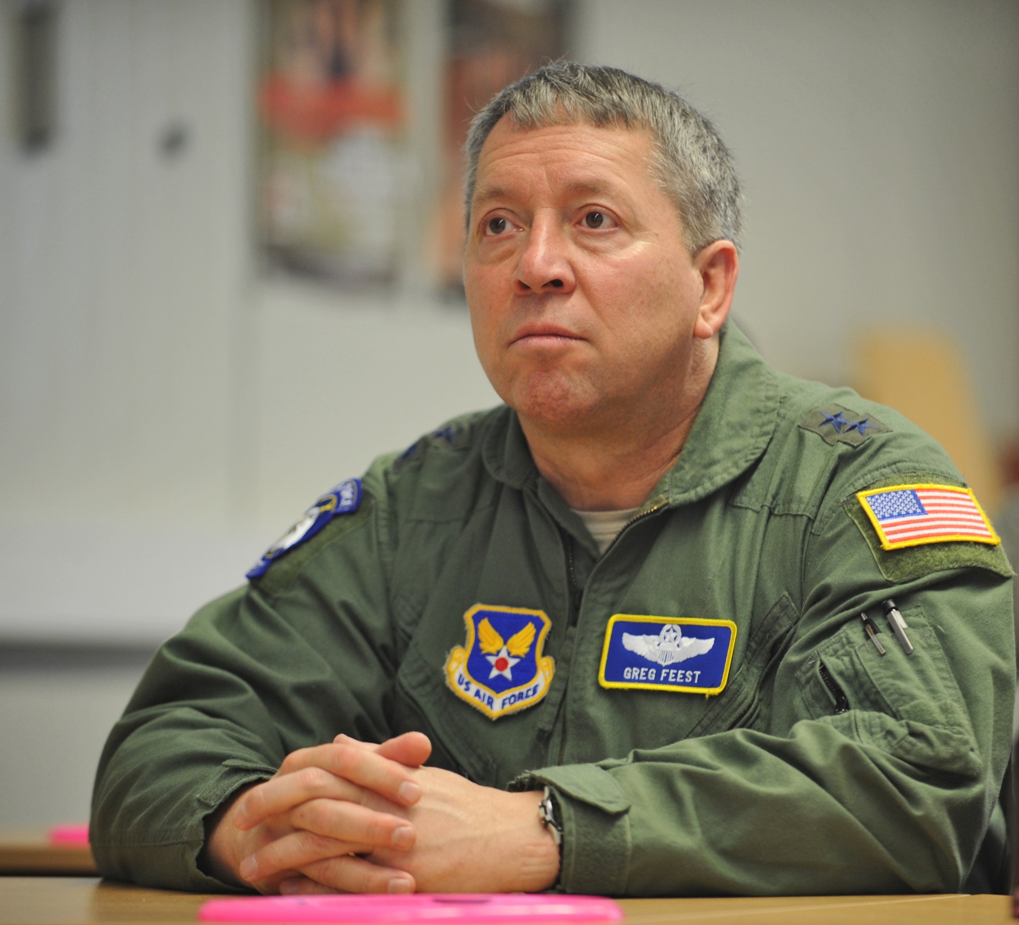 SPANGDAHLEM AIR BASE, Germany – Maj. Gen. Gregory Feest, Air Force chief of safety, listens to a briefing about the Saber Driving Program during a visit to the 52nd Fighter Wing Dec. 8. General Feest visited the base for a day with Col. Eric Kivi, Air Force chief of aviation safety, and Col. Steven Vlasek, U.S. Air Forces in Europe chief of safety, to assess the wing’s driver safety programs and attended a USAFE Safety Summit at Ramstein Air Base where they discussed traffic safety programs and other safety challenges within the command. The general commended Spangahlem’s safety office and the wing for their continued efforts to provide the education and skills necessary to keep Spangdahlem’s and USAFE’s Airmen safe.  (U.S. Air Force photo/Senior Airman Nick Wilson)