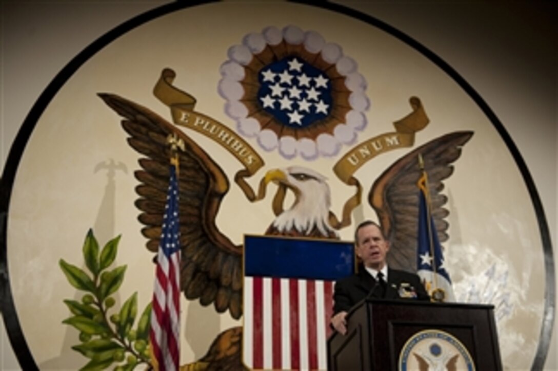 Chairman of the Joint Chiefs of Staff Adm. Mike Mullen addresses the media during a press availability at the U.S. Embassy in Tokyo, Japan, on Dec. 9, 2010.  Mullen traveled to Japan to meet with defense officials reassuring the strength of the U.S.-South Korean alliance amid escalating tensions on the Korean Peninsula.  
