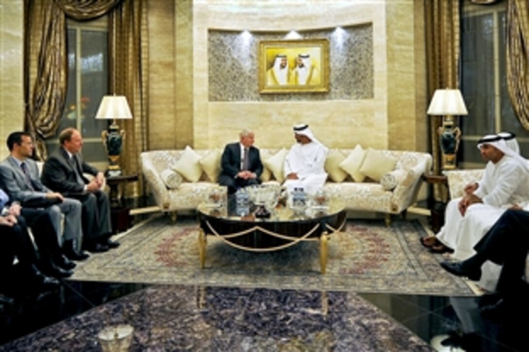 U.S. Defense Secretary Robert M. Gates meets with the Crown Prince and Deputy Supreme Commander of the Armed Forces of the United Arab Emirates His Highness General Sheikh Mohamed bin Zayed Al Nahyan at the Mina Palace in Abu Dhabi, Dec. 9, 2010.