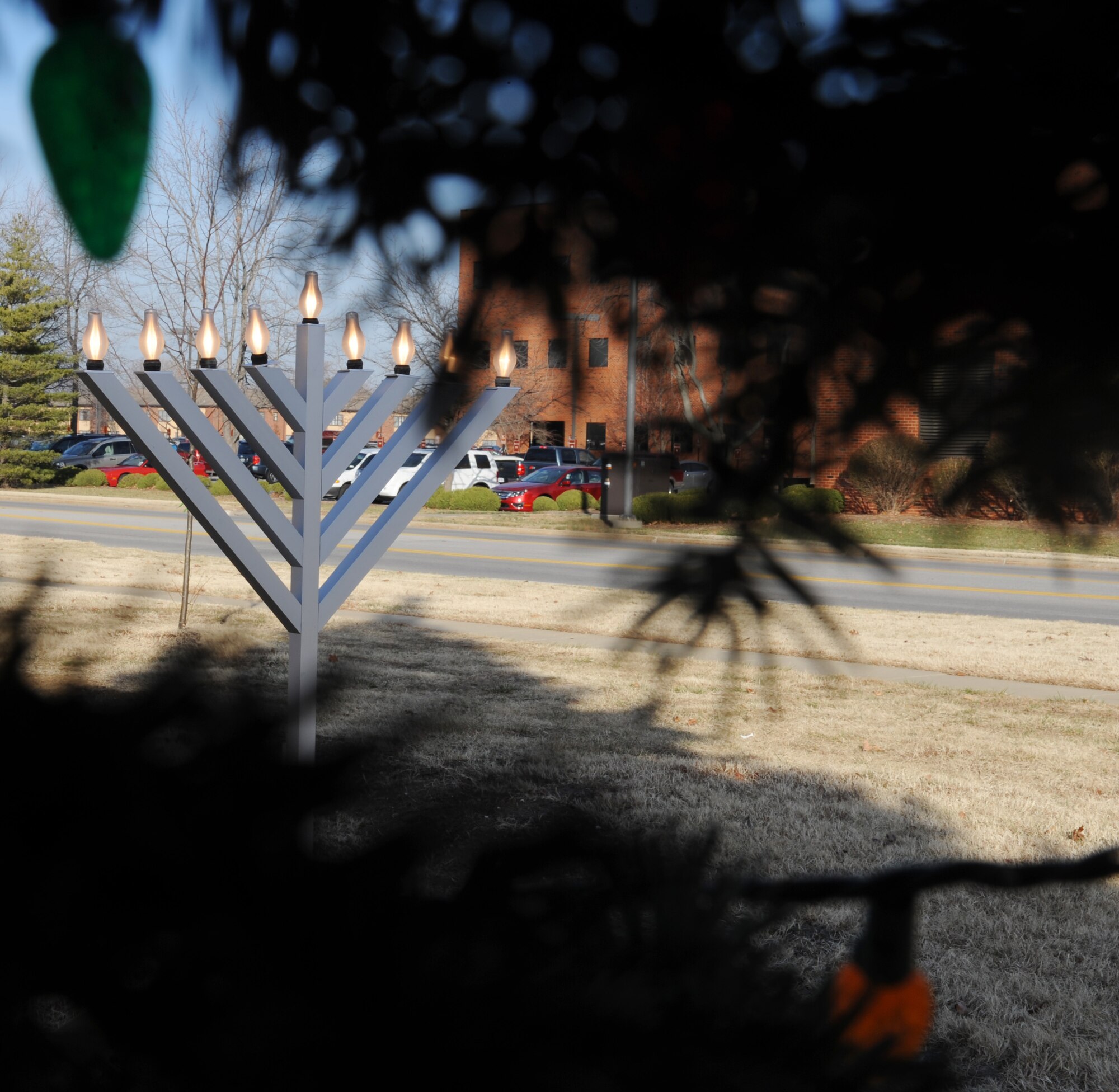 A menorah is place outside the base Chapel to share some holiday spirit Dec. 10.  Scott Air Force Base takes pride in decorating for the holiday season. (U.S. Air Force photo/ Airman 1st Class Divine Cox)