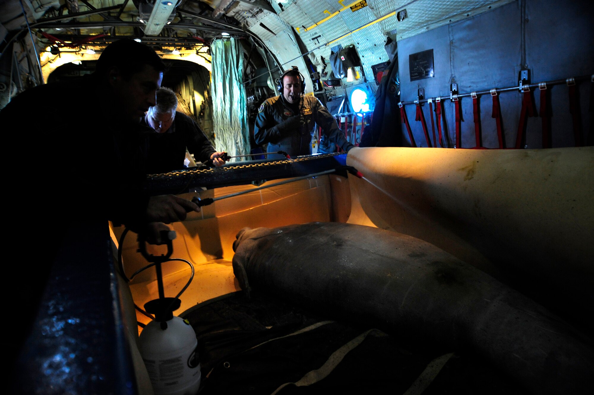 Dr. David Murphy, A Veterinarian and C-130 Aircrew spray water on Guacara a wounded manatee that is being transported from MacDill Air Force Base, Fla., by the Puerto Rico Air National Guard on a C-130 to San Juan, Puerto Rico, Dec 9, 2010. Guacara suffered minor injuries in a boat strike and will be transported to the Puerto Rico Zoo where he will placed in his new home. (U.S. Air Force photo by: Staff Sgt. Angela Ruiz)