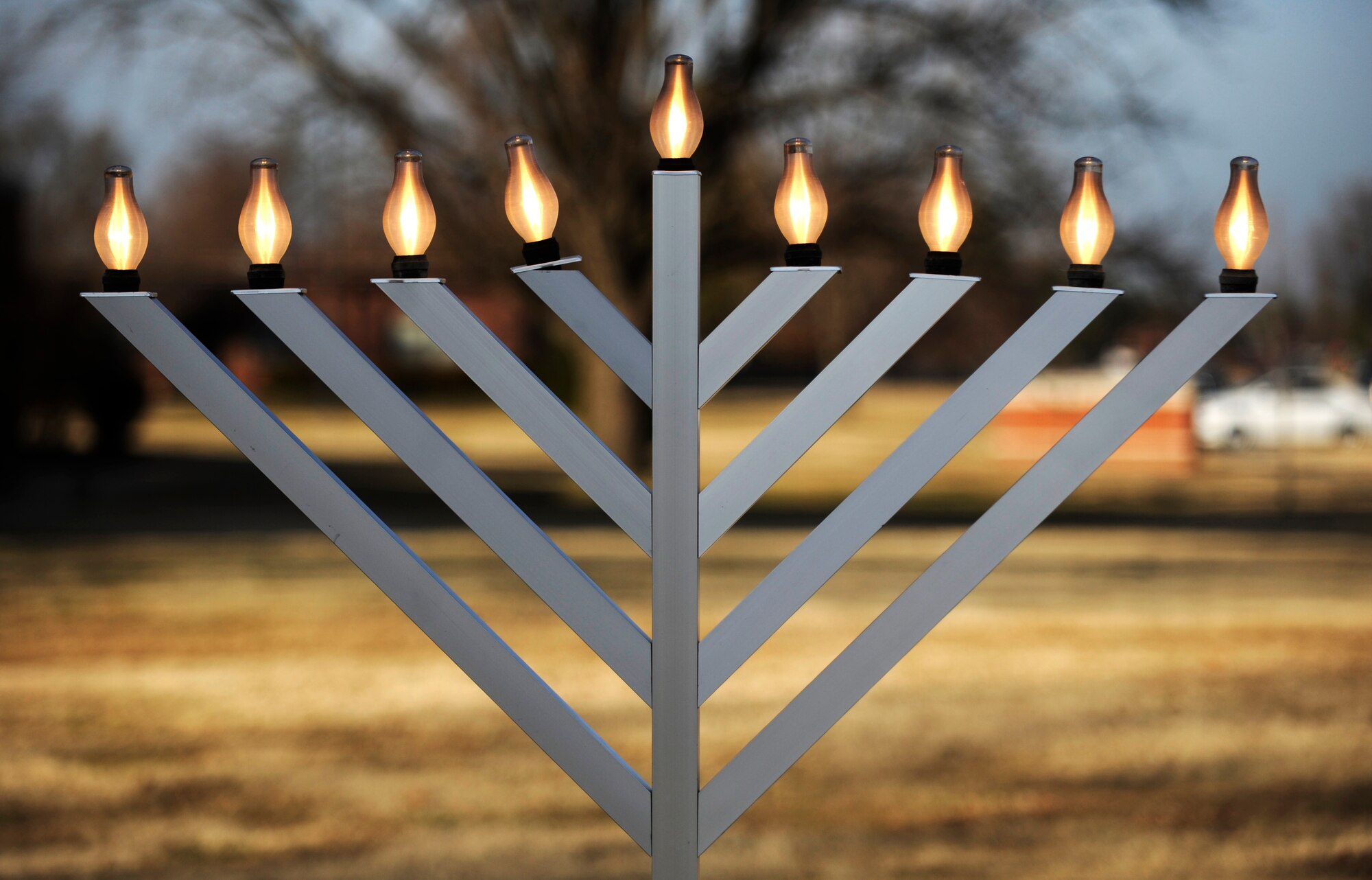 A Menorah is displayed outside of the base chapel in recognition of Hanukah Dec. 10. Scott Air Force Base takes pride in decorating for the holiday season. (U.S. Air Force photo/ Staff Sgt. Ryan Crane)