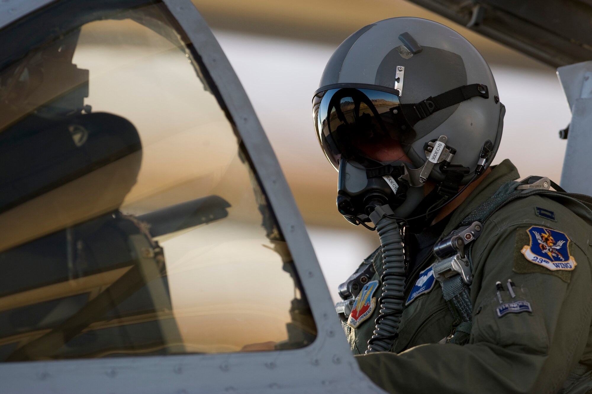 NELLIS AIR FORCE BASE, Nev. -- Capt. Drew Voss, an A-10 Thunderbolt II pilot with the 74th Fighter Squadron from Moody Air Force Base, Ga., conducts pre-flight checks during the Green Flag West 11-2 exercise at Nellis Dec. 6. Green Flag-West provides a realistic air-land integration training environment for forces preparing to support worldwide combat operations. (U.S. Air Force photo by Senior Airman Brett Clashman)