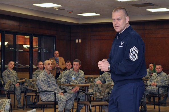 Chief Master Sgt. of the Air Force James A. Roy addresses 505th Command and Control Wing members during a visit to Hurlburt Field, Fla., Dec. 10. Chief Roy also spoke to a joint Air and Space Operations Systems Administration Course. He explained to students how important joint operations and command and control, or C2, synchronization is for today's warfighters. The 505th CCW Vice Commander Col. Mustafa Koprucu provided a mission briefing before Chief Roy toured the wing. (U.S. Air Force photo/Keith Keel)