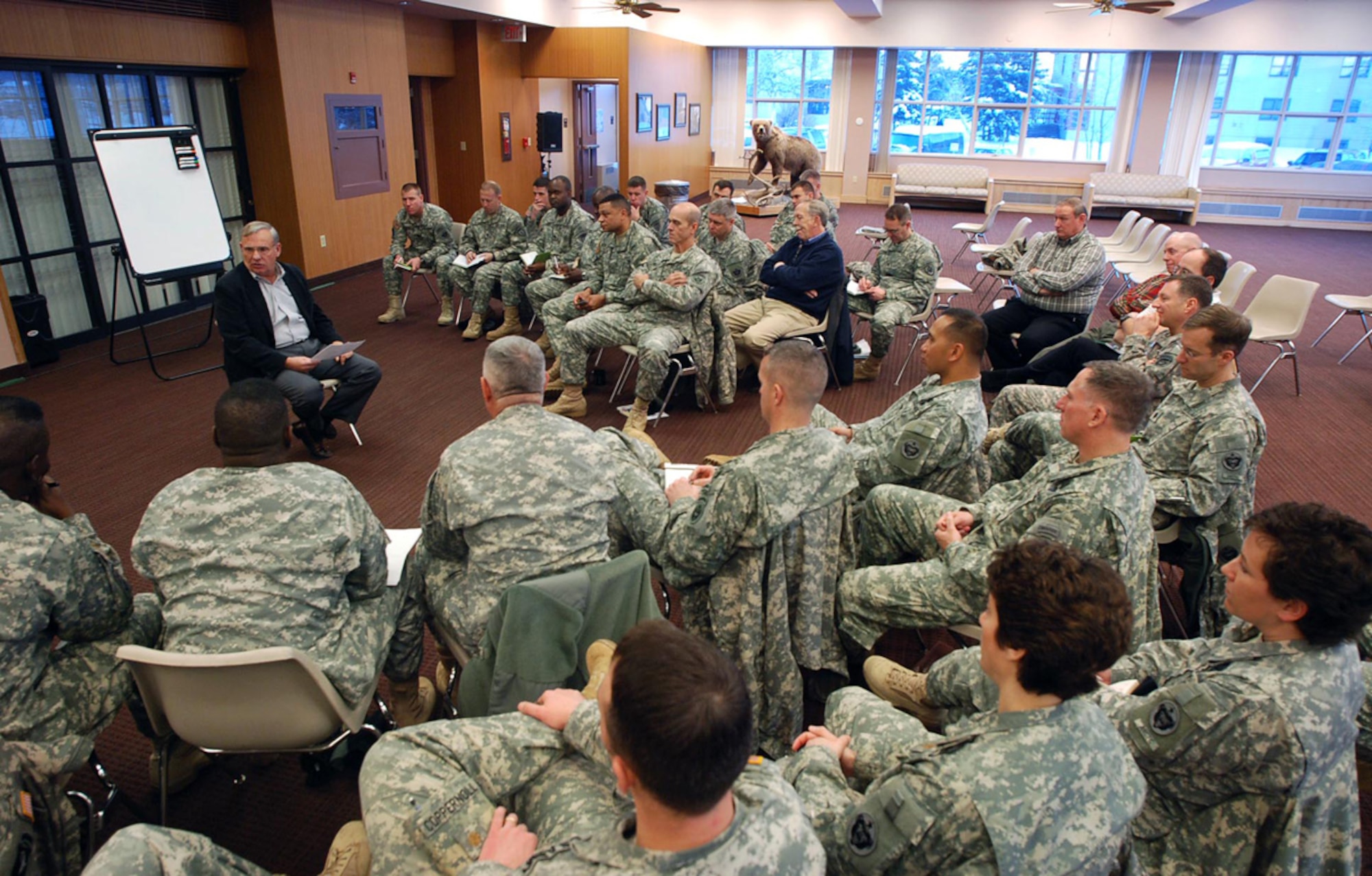 Dell L. Dailey, former special operations general and retired coordinator of the State Department’s counterterrorism office, shares leadership lessons with U.S. Army Alaska commanders, staff officers and sergeants major Dec. 8 at Joint Base Elmendorf-Richardson. Dailey’s talk was first in a lecture series associated with the USARAK Commander’s Leadership Development Program. (U.S. Army photo/MSgt Eric Reinhardt)