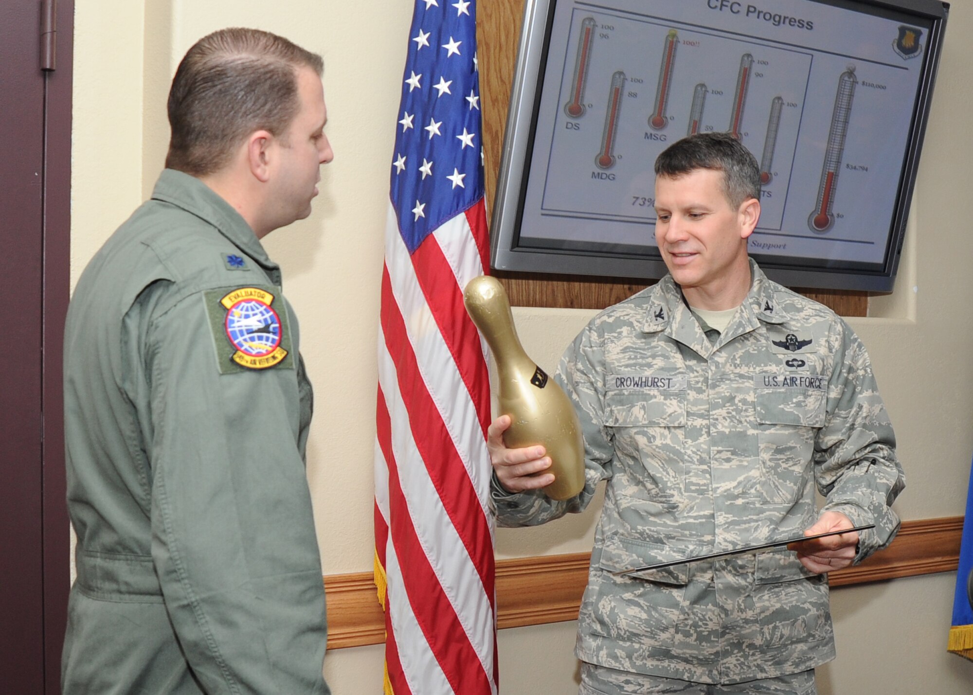 Lt. Col. Andre Briere, 349th Air Refueling Squadron commander, presents Col. Jamie Crowhurst, 22nd Air Refueling Wing commander, with a bowling pin-shaped trophy and plaque from the Kansas chapter Big Brothers Big Sisters organization Dec. 7, 2010, McConnell Air Force Base, Kan. The BBBS recognized McConnell as an integral supporter of the organization. The trophy recognized McConnell for top fundraiser organization in military and law enforcement category in the state of Kansas. The plaque recognized McConnell at the top organization for “big” volunteers in the state of Kansas. (U.S. Air Force photo/Senior Airman Maria A. Ruiz)  