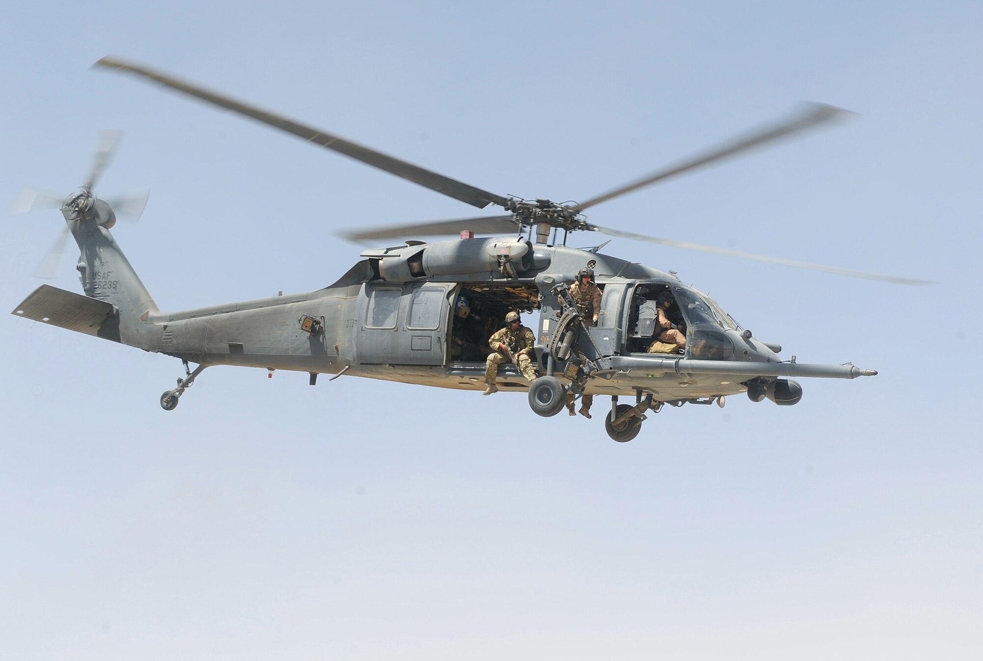 An HH-60G Pave Hawk helicopter crew takes off for an alert mission recently at Camp Bastion, Afghanistan. The 46th Expeditionary Rescue Squadron recently began carrying blood again on rescue missions, increasing the survival rates for injured warfighters. 